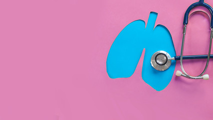 Lung health therapy medical concept . silhouette of the blue lungs and a stethoscope. concept of...