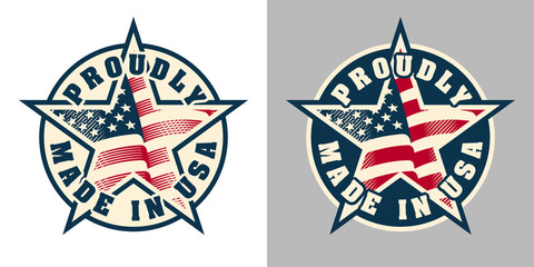 Proudly Made in USA (United States of America) - composition with American flag for badge, label, pin, etc. Variants for light and dark backgrounds.