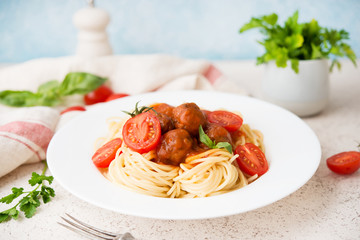 Spaghetti Bolognese with meat, a traditional Italian dish.