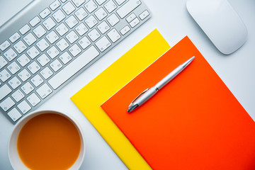 colorful workplace at home flat lay with space for text