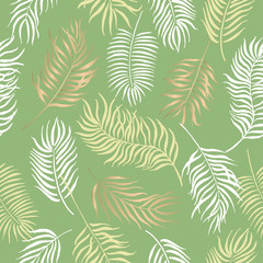 Seamless pattern with hand painted ink palm leaves on green. Great for decor, patterns, greeting cards.