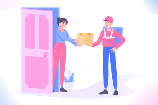 Delivery to door concept. Delivery guy delivering package to destination and giving package to the woman at the door, online food delivery concept, door to door delivery, vector illustration