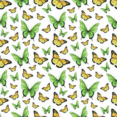 Watercolor seamless pattern with hand painted watercolor butterflies  in bright colors. Romantic floral background perfect for wedding invitation, paper or scrap booking. 