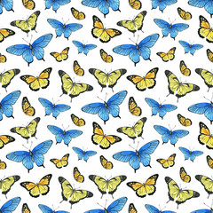 Watercolor seamless pattern with hand painted watercolor butterflies  in bright colors. Romantic floral background perfect for wedding invitation, paper or scrap booking. 