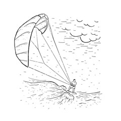 Kite surfing. Sketch vector illustration with hand drawn kite surfer, clouds, wave.