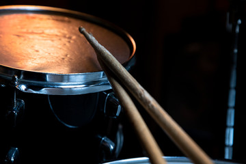 Drumsticks and Drums. Music and musical instruments in music studio