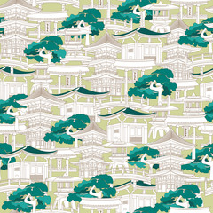 Japanese seamless pattern with houses. Vector endless landscapes on a beige background for fabric, home and kitchen textiles, office paper.