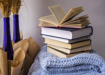 Home cozy place work and study. Stack of books on blue knitted plaid.