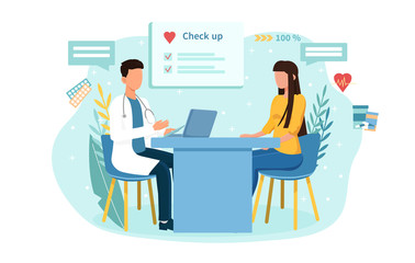 Woman in a doctors surgery getting a Health Check seated across the desk from him as he enters her records on a computer, vector illustration