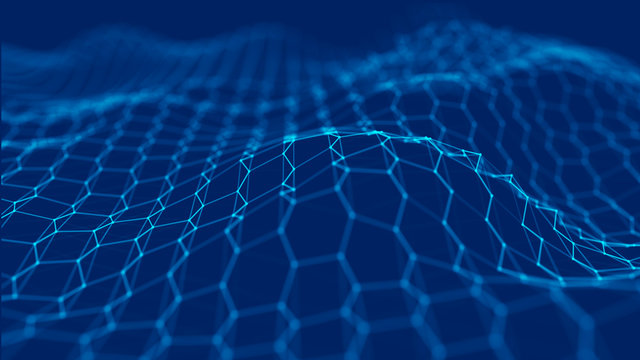 Futuristic blue hexagon background. Futuristic honeycomb concept. Wave of particles. 3D rendering.