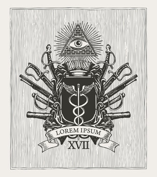 Vector coat of arms in vintage style with a caduceus on a knightly shield, all-seeing eye, crown, sabres, cannons and ribbon. Black and white pencil-drawn image, Masonic heraldry, emblem, sign, symbol