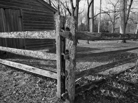 Lichen and moss covered wooden fence on an old farm stead