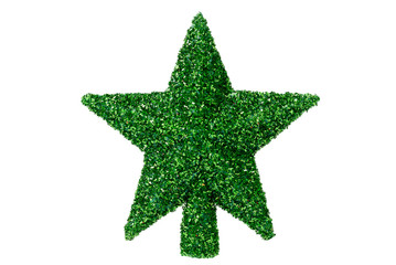 Adorno de navidad, estrella para el arbol de navidad de color verde con detalles plateados, sobre fondo blanco.