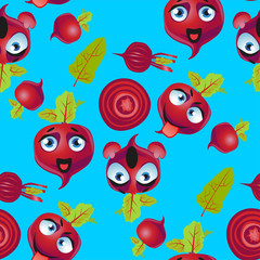 Obraz na płótnie Canvas Cute seamless pattern with cartoon emoji beetroot on blue background