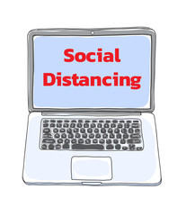 Social distancing  and laptop hand drawn cute  art vector illustration