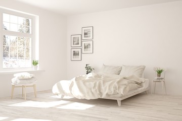 White bedroom interior. Scandinavian design. 3D illustration