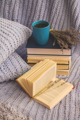 Fototapeta na wymiar Background of blue hand-knit plaid and pillows in cosy home with dried bouquet of lavender flowers, books, mug of coffee, garland.