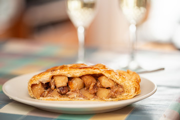 close up view of a slice of apple strudel