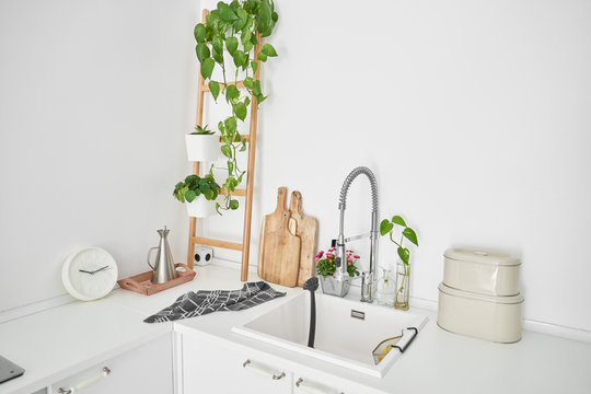 View of the kitchen sink of a minimalist, all-white house with plants