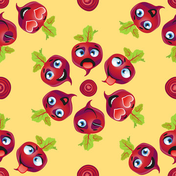 Cute seamless pattern with cartoon emoji beetroot on yellow background