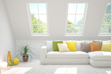 White living room with sofa and summer landscape in window. Scandinavian interior design. 3D illustration