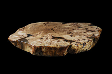 Solid elm countertop. Wood surface cross section of elm tree. Live slab. Isolated on a black....