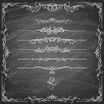 Vintage Calligraphy Chalkboard Design Elements. Set of decorative design elements and page decor. Classic curves and curly lines. Vector illustration.