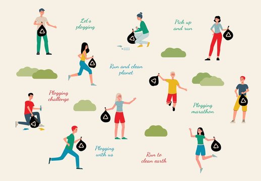 Plogging ecological challenge characters set, flat vector illustration isolated.
