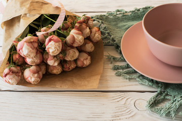 Flowers composition of rose.flat lay,top view,copy space