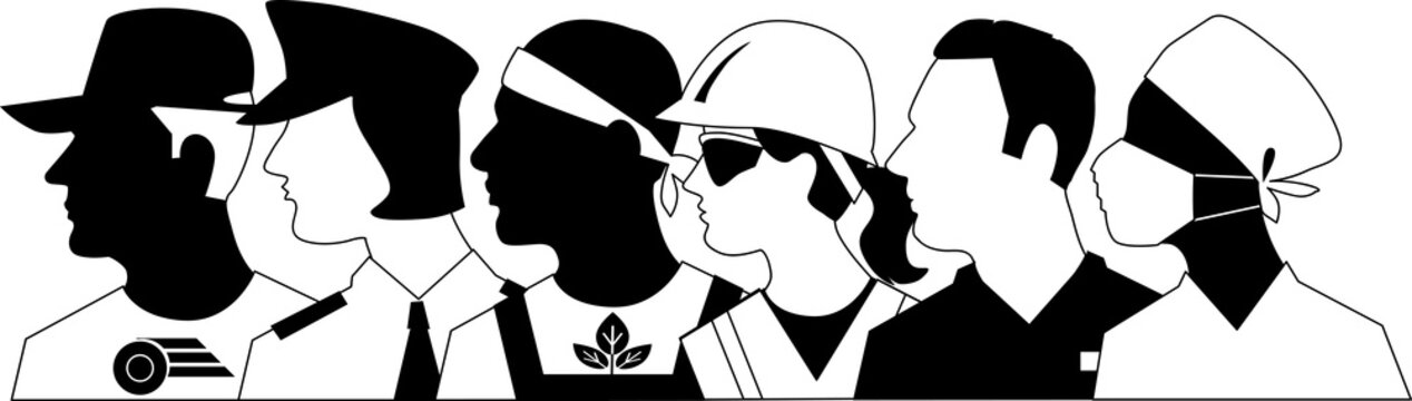 Profile of members of essential workforce, EPS 8 vector illustration, no white objects, black silhouette only	
