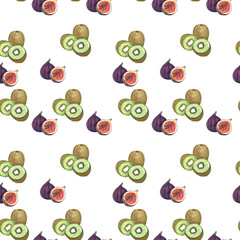 Watercolor illustration of a seamless pattern of kiwi and figs on a white background