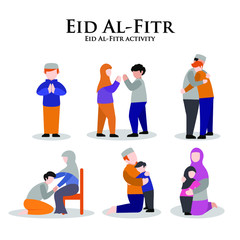 eid al-fitr activity, sorry's virtual set, apologize to a friend, apologize to the parents, the father hugs the child, mother hugs child, flat illustration