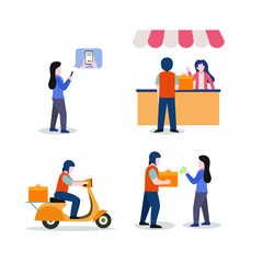 cash on delivery activity, online shop set, people are ordering, prepare goods, deliver goods by motorcycle, receive orders, flat illustration