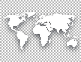 white world map with shadow on transparent background