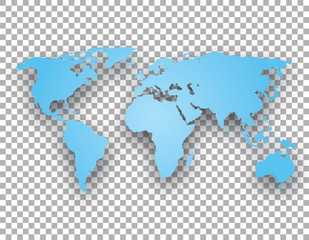 blue world map with shadow on transparent background
