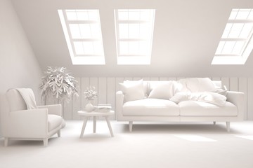 White minimalist living room with sofa. Scandinavian interior design. 3D illustration