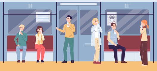 People with flu virus symptoms in subway - coronavirus in public transport banner