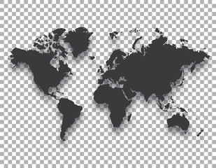 world map with shadow on transparent background