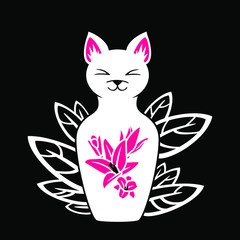 Art vector colorful illustration with a beautiful cat and flowers. Works of art to decorate your interior and to use in your unique design