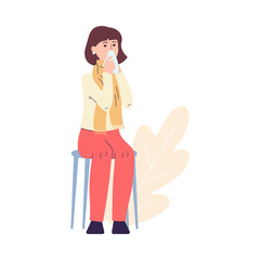 Sick woman blowing her nose on tissue - cartoon girl with flu or cold symptoms