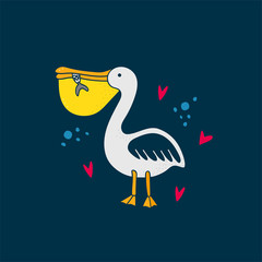 Pelican holds a fish in its beak on dark blue background. Doodle and freehand drawing in the modern style. Scandinavian style clipart. Vector illustration.