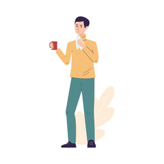 Man with cold or flu holding cup and tissue, flat vector illustration isolated.