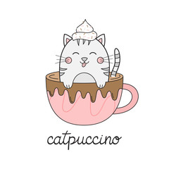 Cute cat in cappuccino vector illustration. Funny hand drawn kitten in coffee mug with whipped cream dollop on head and chocolate drizzle with catpuccino writing. Isolated.