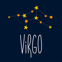 Fototapeta na wymiar Zodiac signs. Virgo symbol. Constellation on dark blue background. Astrology. Doodle and freehand drawing in the modern style. Scandinavian style clipart. Vector illustration.