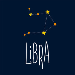 Fototapeta na wymiar Zodiac signs. Libra symbol. Constellation on dark blue background. Astronomy. Doodle and freehand drawing in the modern style. Scandinavian style clipart. Vector illustration.