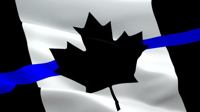 Police Flag Transition waving in wind video footage Full HD.  Thin blue line flag law enforcement symbol. Canada Flag with Thin Blue Line. Grunge Aged Background. Monochrome gamut. Black and white
