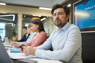 Portrait of mature bearded businessman looking at camera while working at the table on laptop with colleagues in the background