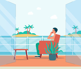Man enjoying sea view on balcony or outdoor terrace, flat vector illustration.