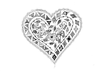 Serce w technice zentangle, doodleart, czarno-białe