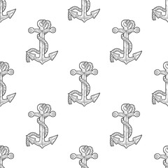 Anchor rope black and white seamless pattern background sketch engraving vector illustration. T-shirt apparel print design. Scratch board imitation. Black and white hand drawn image.